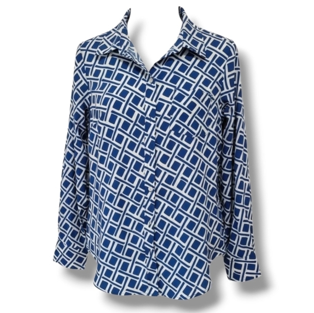 Merona Women’s Blue White Geometric Button-Down Blouse - XS